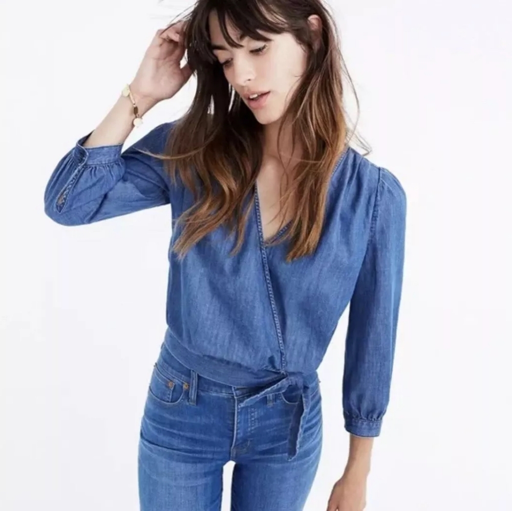 Sz S Madewell wrap blue denim ruched lightweight soft top 3/4 sleeves EUC